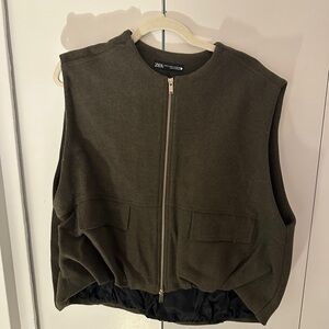 Zara Dark Olive Zip-Front Bubble Hem Vest